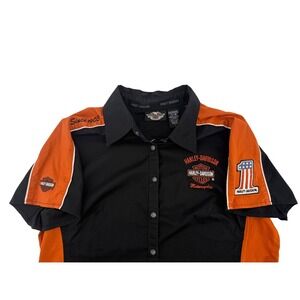 Harley Davidson Colorblock Button Up Shirt Women L Cotton Black Orange Biker